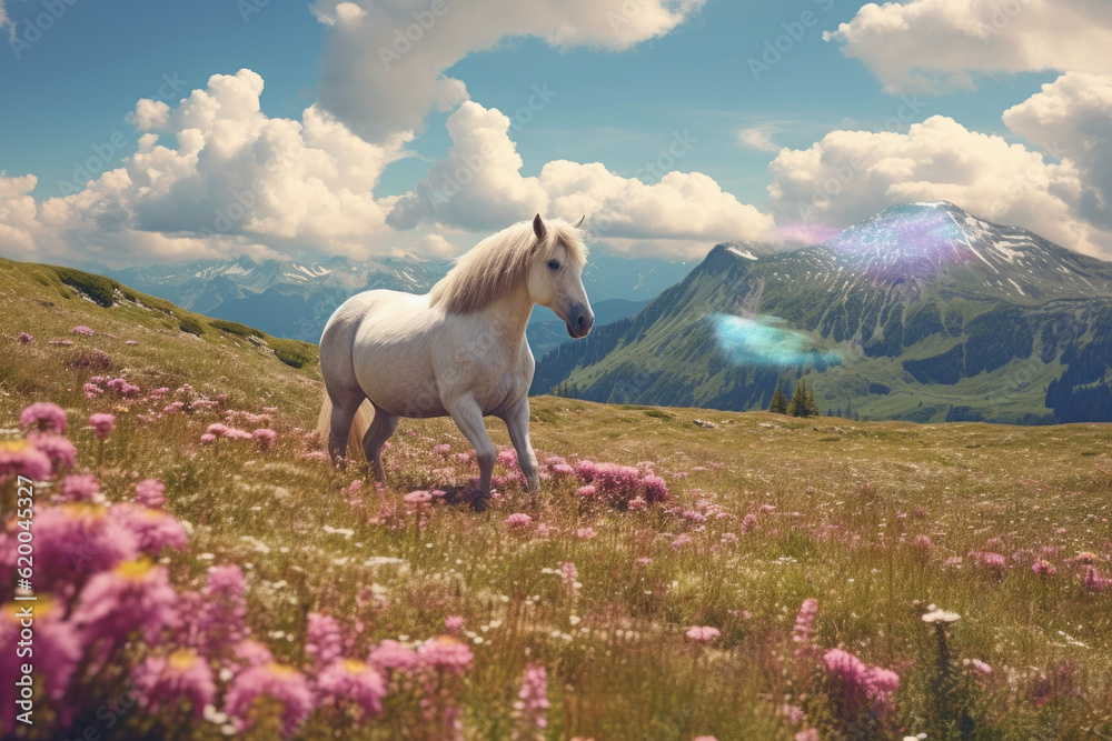 A unicorn, Magic unicorn in fantastic world with fluffy clouds and fairy meadows. Generative Ai