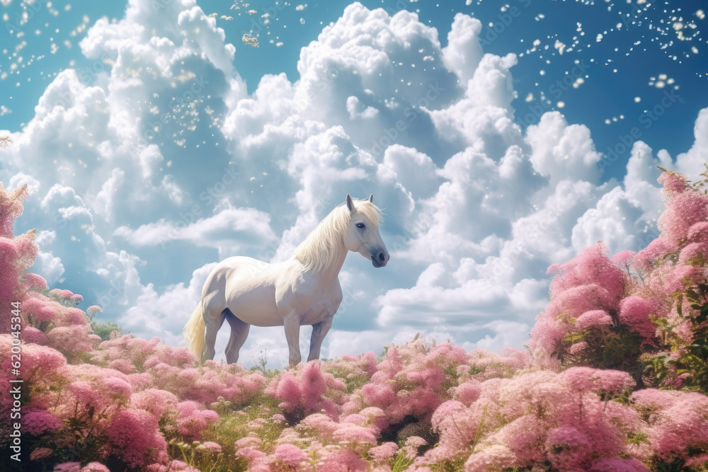 A unicorn, Magic unicorn in fantastic world with fluffy clouds and fairy meadows. Generative Ai