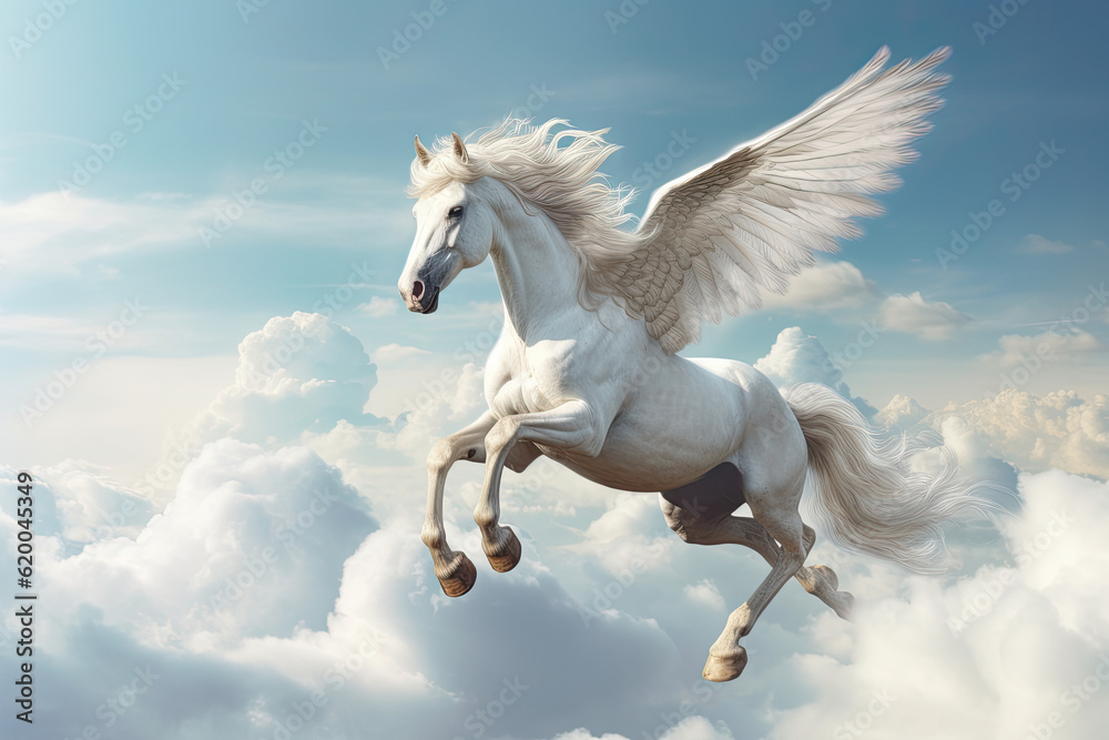 A unicorn, Majestic Pegasus horse flying high above the clouds. Flight of the Pegasus. Generative Ai