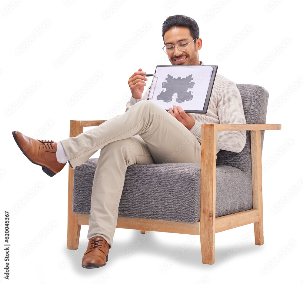 Psychology, psychologist and man with rorschach test diagram on clipboard isolated on a transparent 