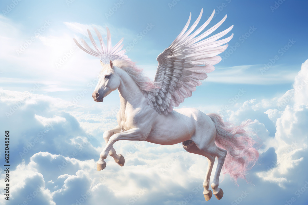 A unicorn, Majestic Pegasus horse flying high above the clouds. Flight of the Pegasus. Generative Ai