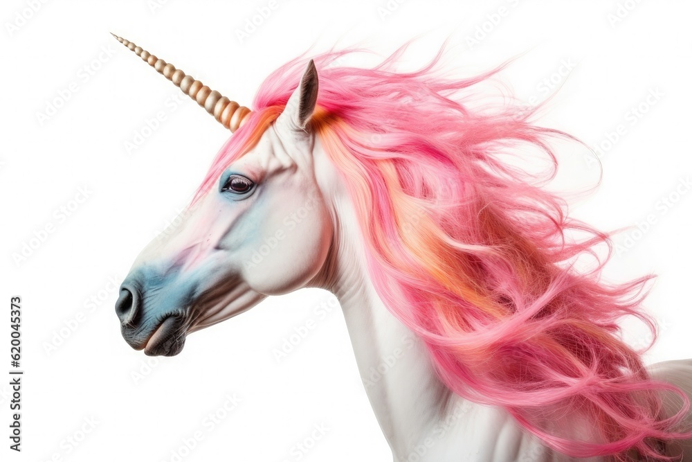 Pink unicorn head with rainbow mane and horn isolated on white background. Generative Ai