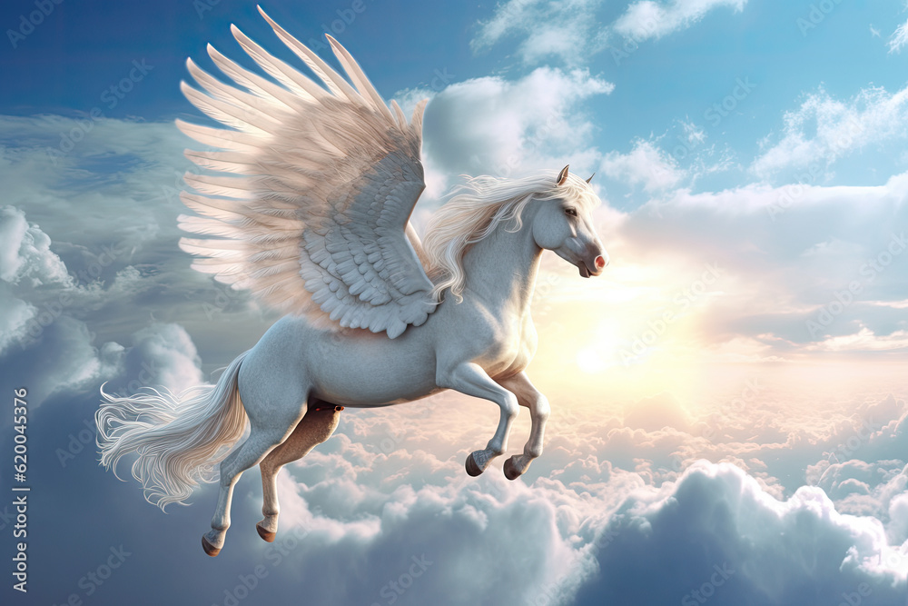 A unicorn, Majestic Pegasus horse flying high above the clouds. Flight of the Pegasus. Generative Ai