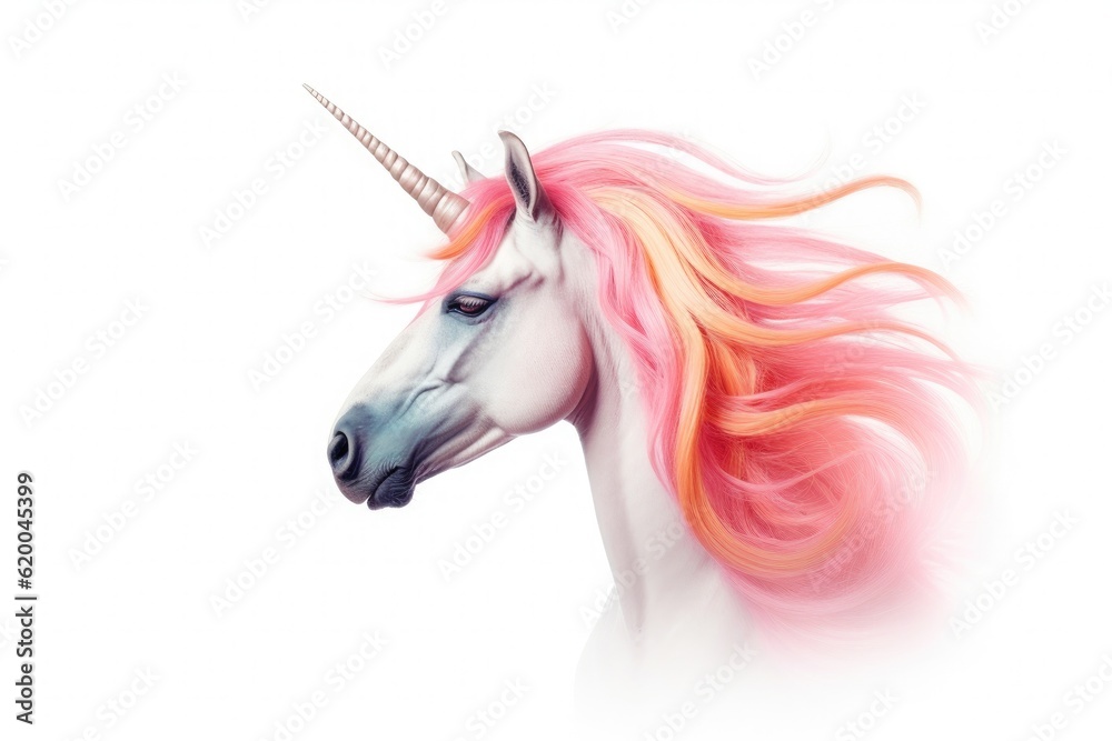 Pink unicorn head with rainbow mane and horn isolated on white background. Generative Ai