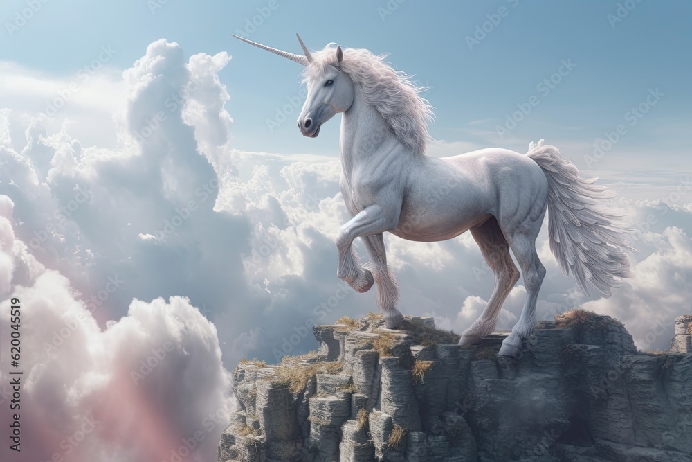 A unicorn, White pegasus unicorn in a cliff high above the clouds. Generative Ai