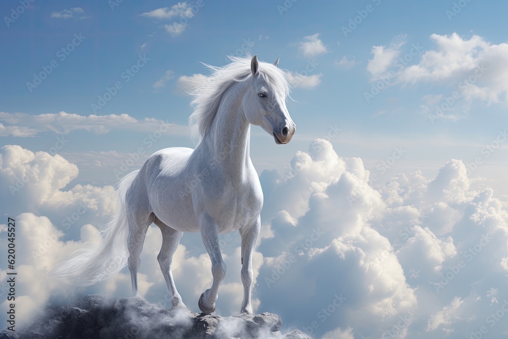 A unicorn, White pegasus unicorn in a cliff high above the clouds. Generative Ai