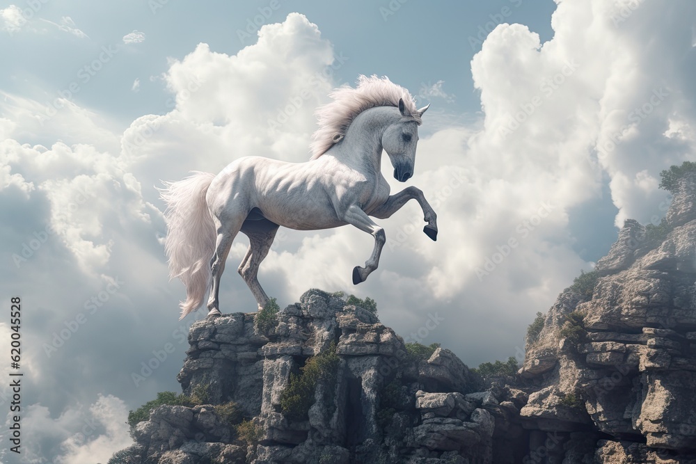 A unicorn, White pegasus unicorn in a cliff high above the clouds. Generative Ai