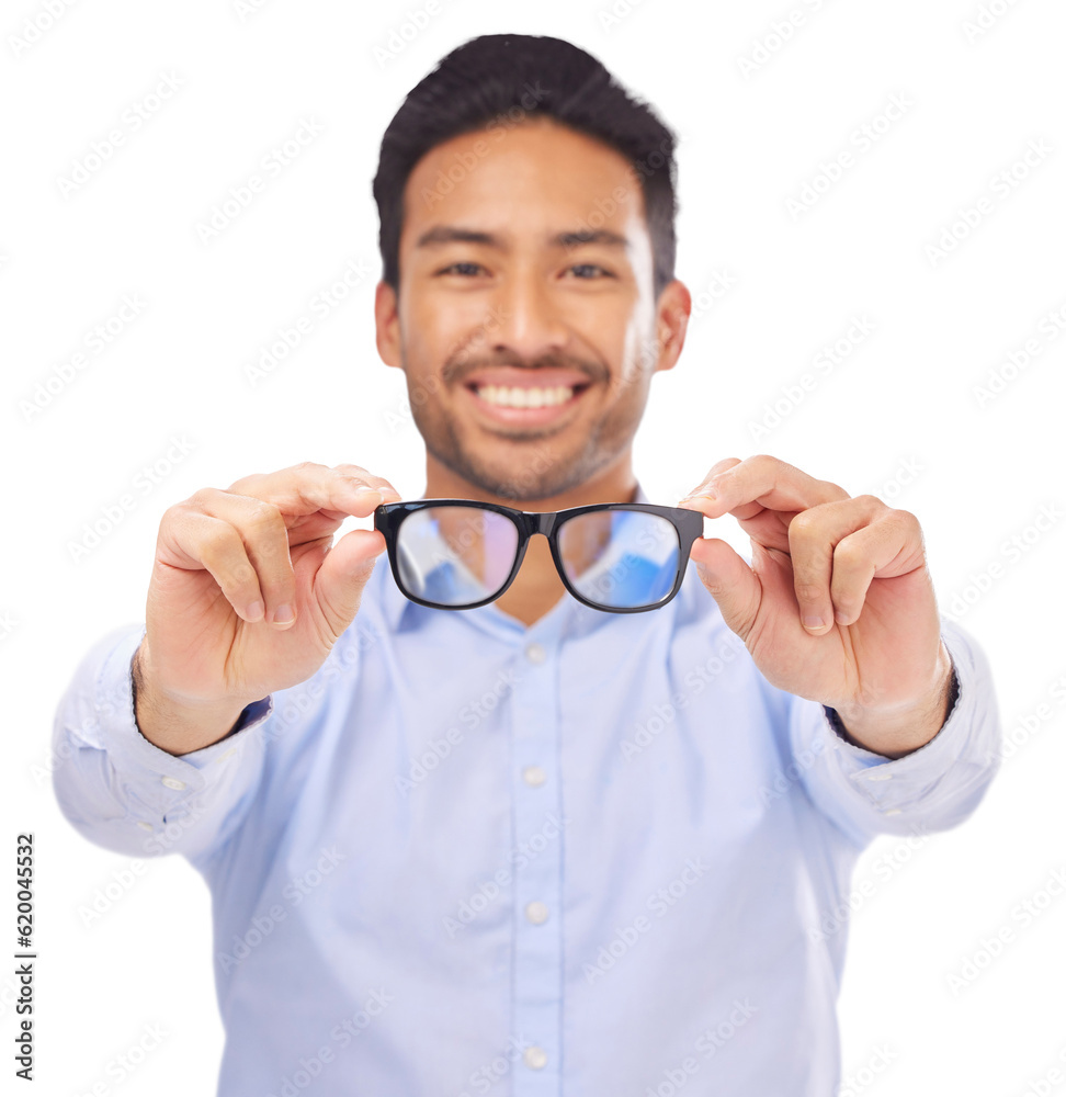 Lens, vision and glasses portrait of a man isolated on a transparent, png background for eye care. F