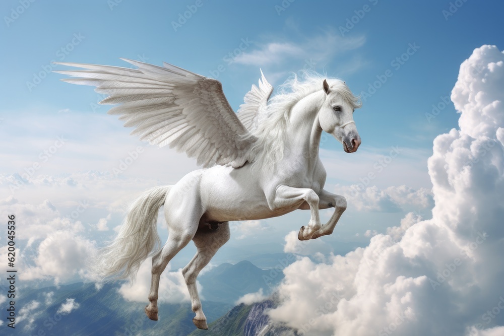 A unicorn, Majestic Pegasus horse flying high above the clouds. Flight of the Pegasus. Generative Ai