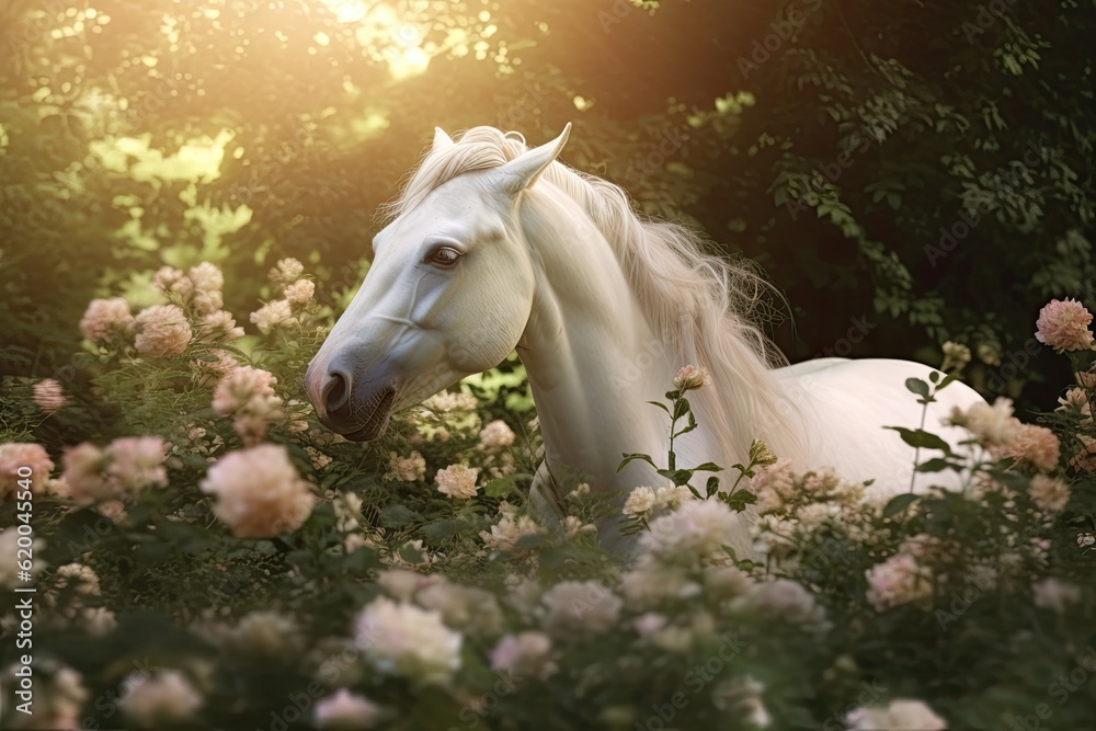 A unicorn, White Unicorn running in dreams flowers. Generative Ai