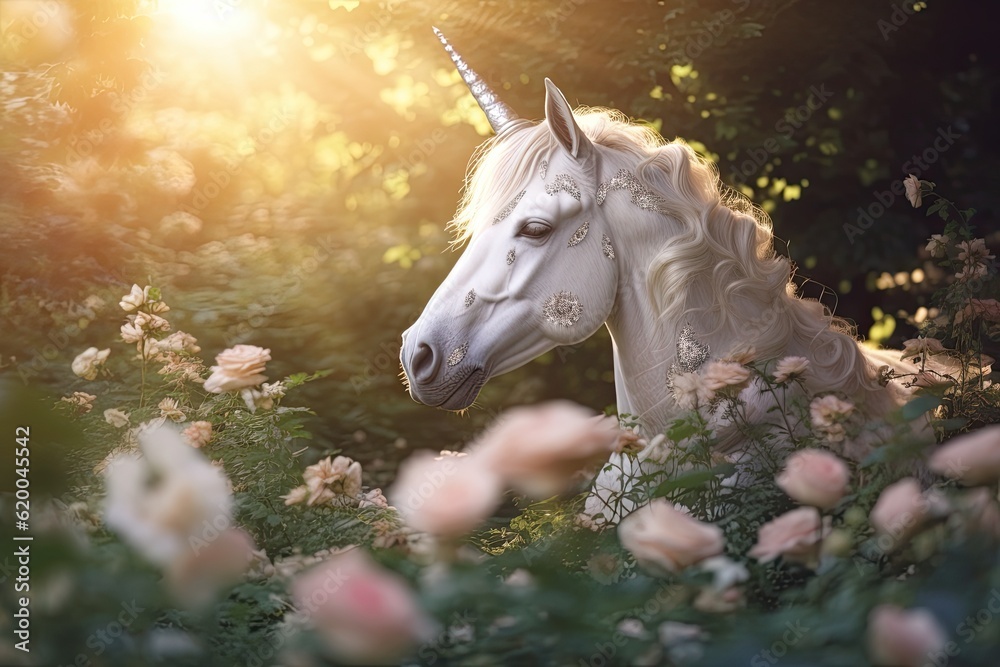 A unicorn, White Unicorn running in dreams flowers. Generative Ai