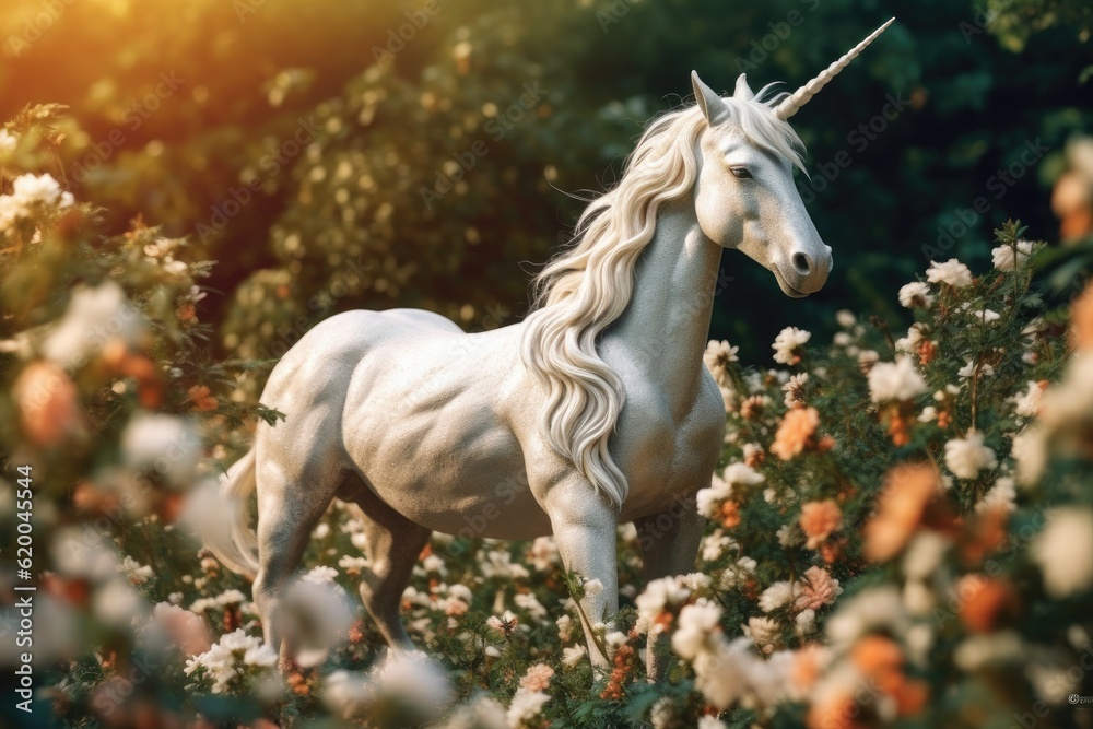 A unicorn, White Unicorn running in dreams flowers. Generative Ai