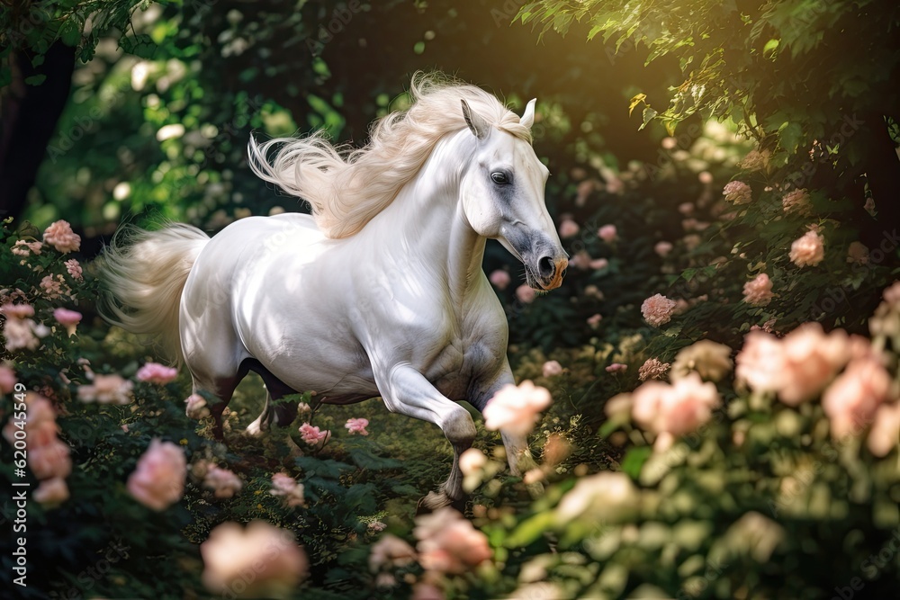 A unicorn, White Unicorn running in dreams flowers. Generative Ai