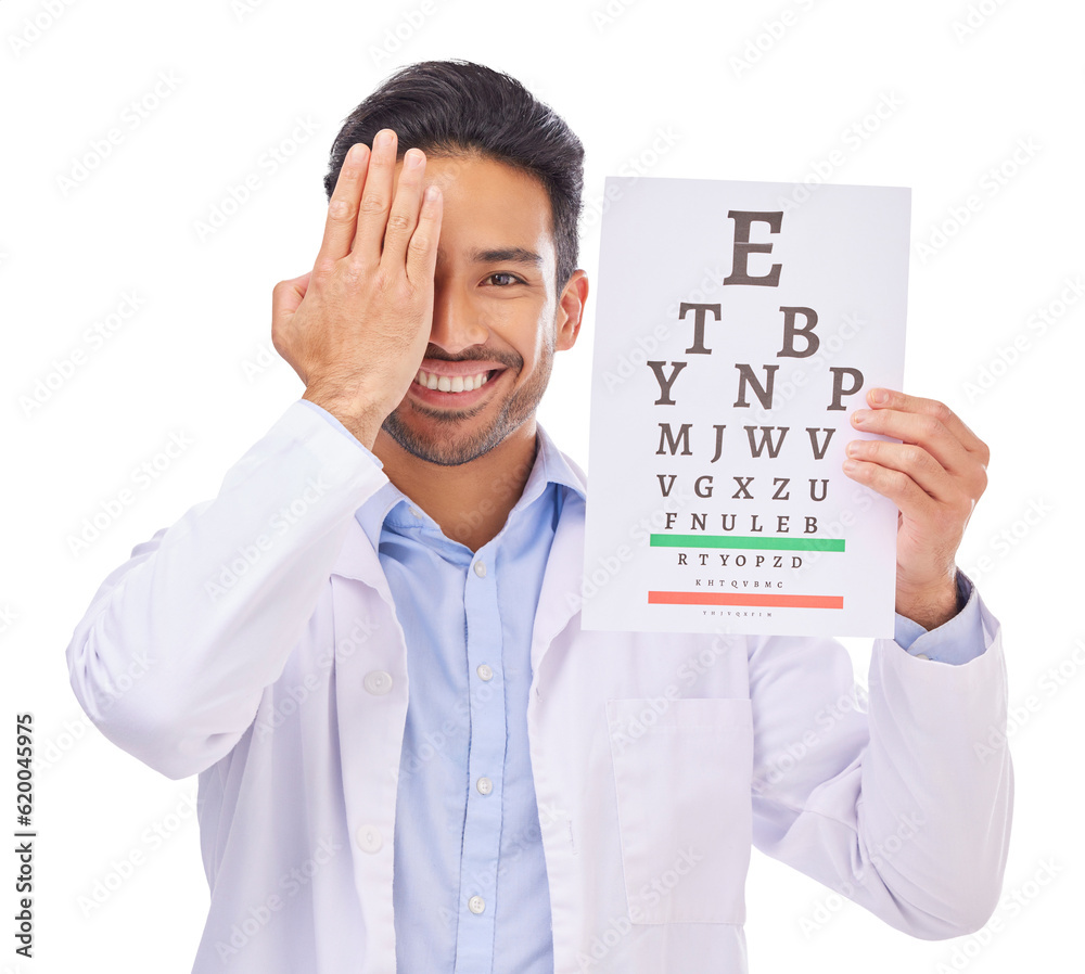 Man, doctor and eye exam chart with vision, optometry and assessment isolated on png transparent bac