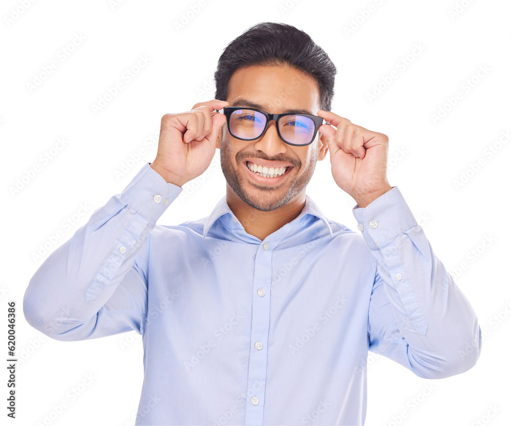 Portrait, vision and glasses of a man isolated on a transparent, png background for eye care. Face, 