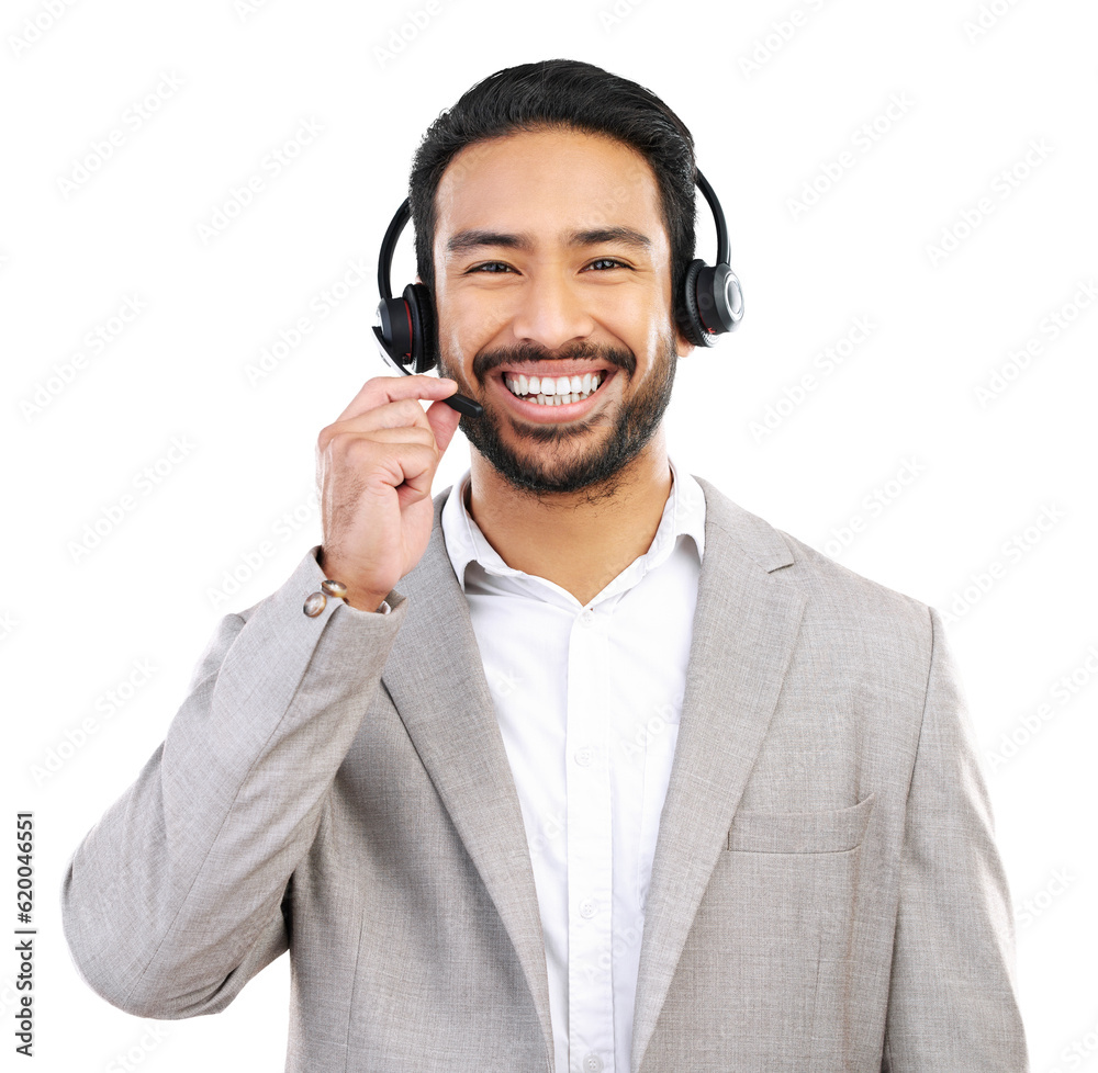 Call center, man with smile and headset, customer service job with CRM and contact us isolated on tr