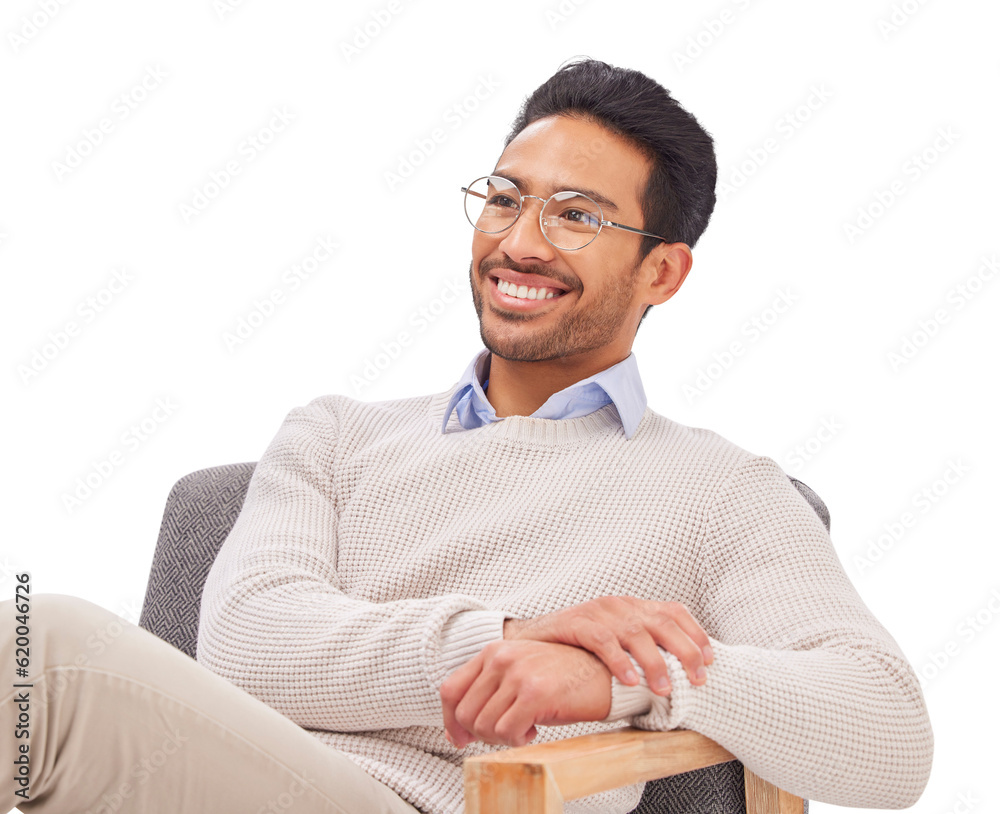 Psychologist thinking, mental health and man with smile in therapy and listening isolated on transpa