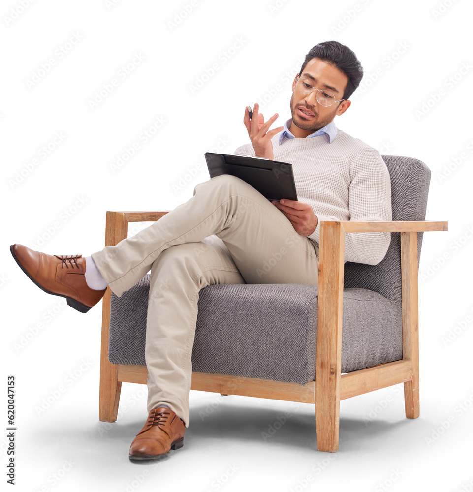 Clipboard, medical and man psychologist on a chair with therapy notes, checklist and review. Psychol