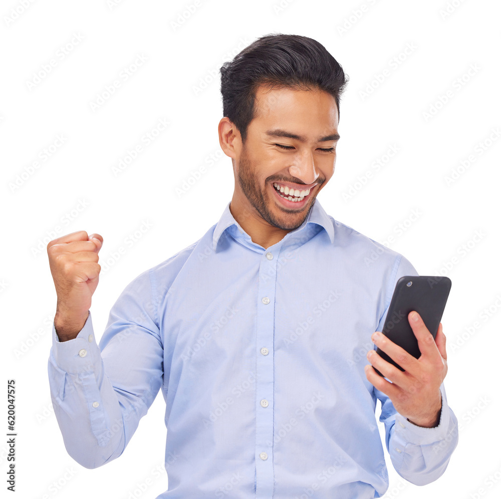 Winner, success and business man on a phone isolated on transparent png background in finance celebr