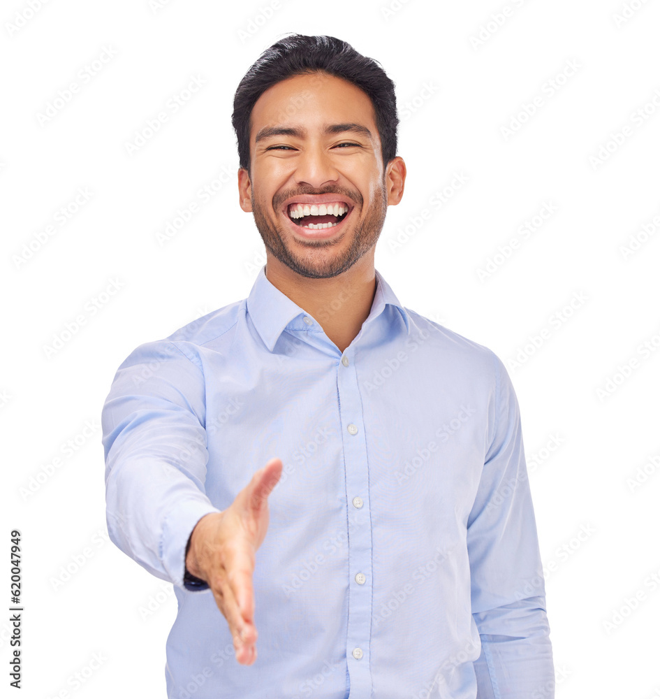 Portrait, smile and business man with handshake, deal or offer on isolated, transparent or png backg