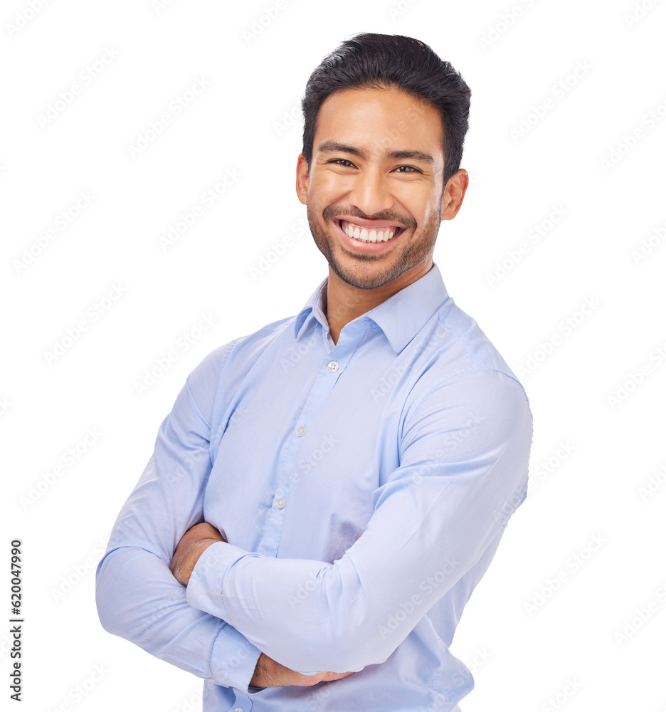 Smile, portrait and businessman with arms crossed for work isolated on transparent png background. C