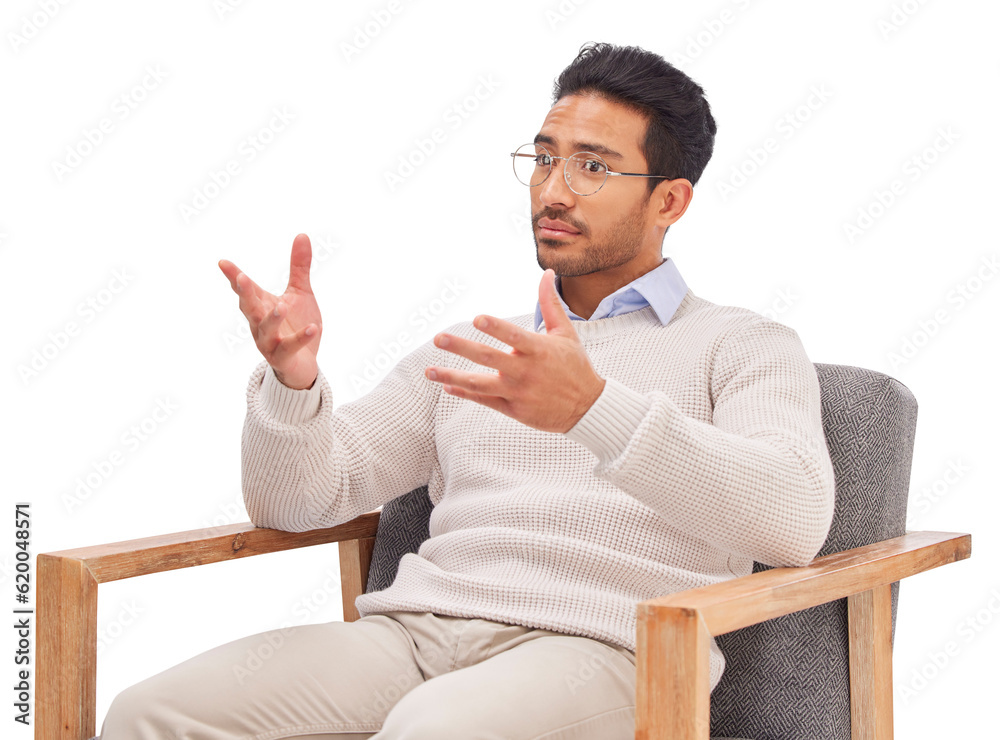 Therapist, chair and mental health, man in counselling and listen, isolated on transparent png backg