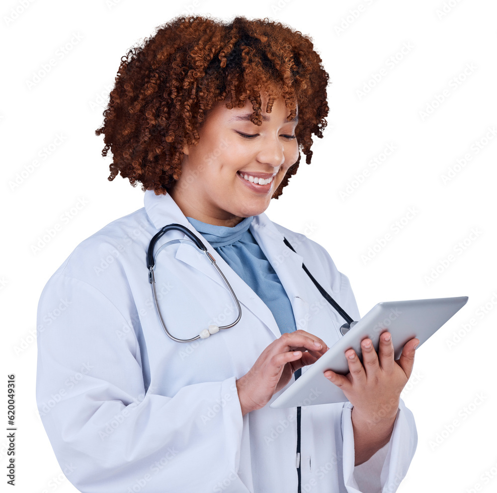 Tablet, research and doctor or woman isolated on transparent, png background for healthcare manageme