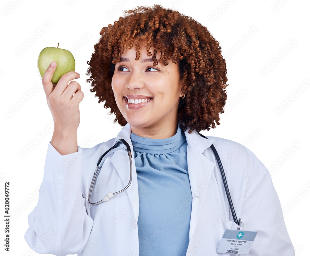 Medical, doctor and diet with woman and apple on png for wellness, nutrition and health. Medicine, h