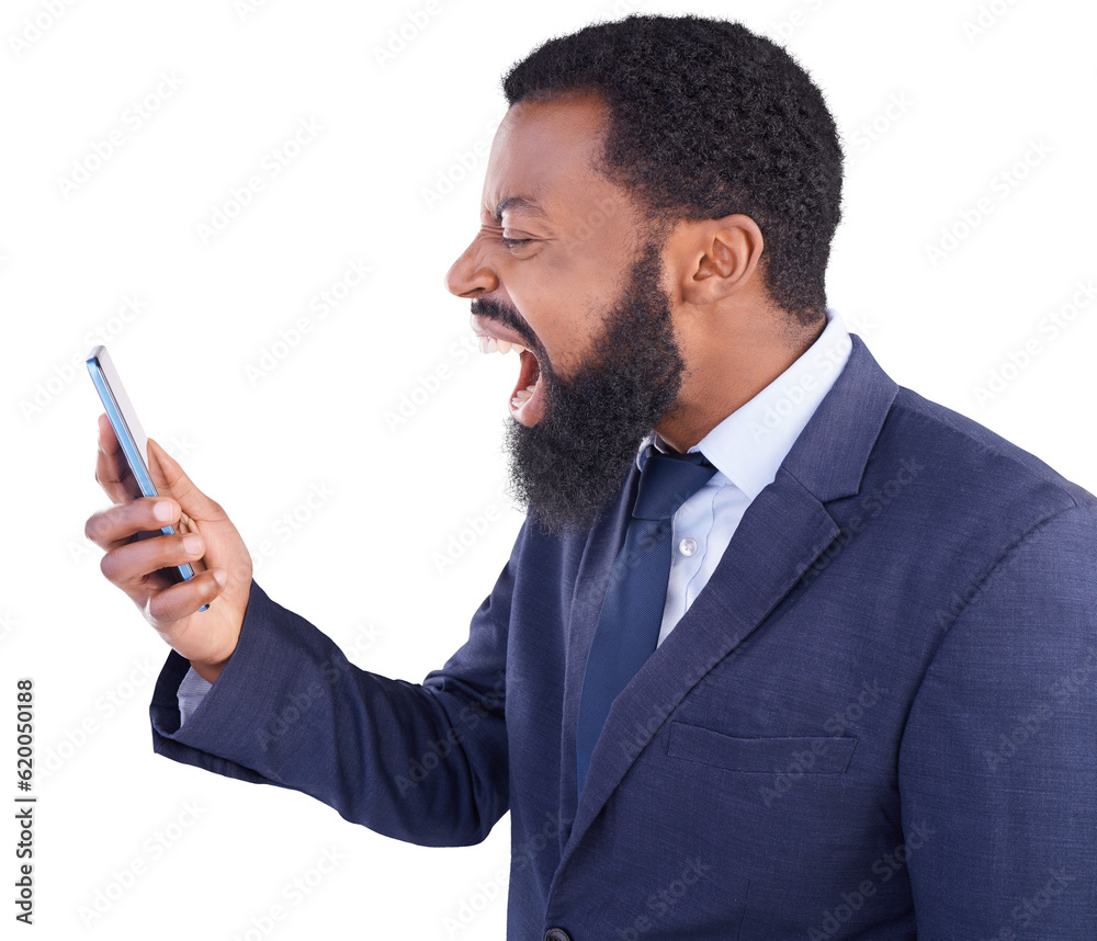 Stress, screaming and phone call by angry business man on isolated, transparent and png background. 