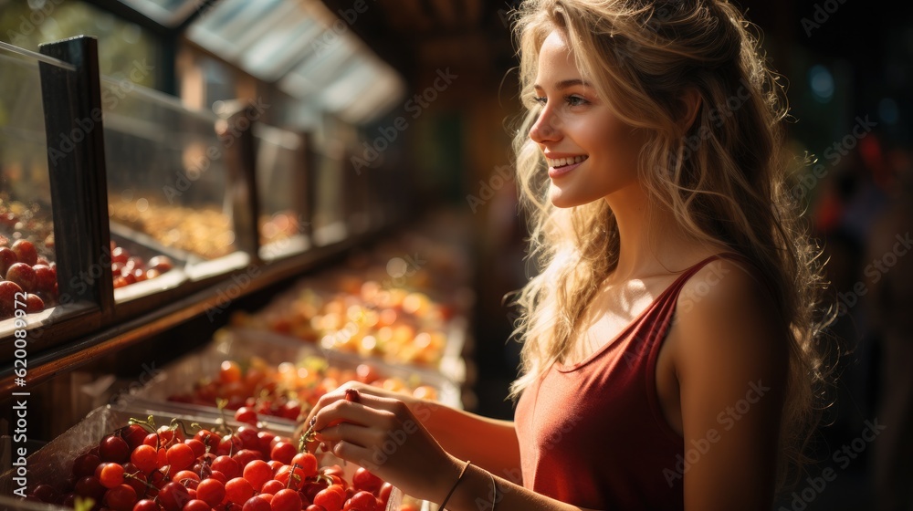 Young woman choosing apples to buy standing in the department with fruits and vegetables in the supe