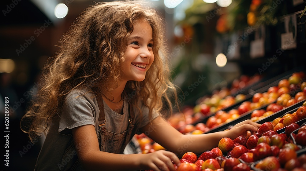 Young woman choosing apples to buy standing in the department with fruits and vegetables in the supe