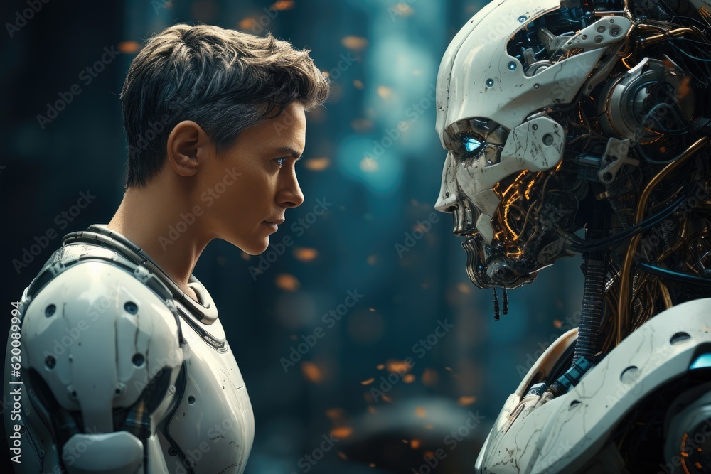 Human like robot talking to artificial intelligence, human robot relationship concept.