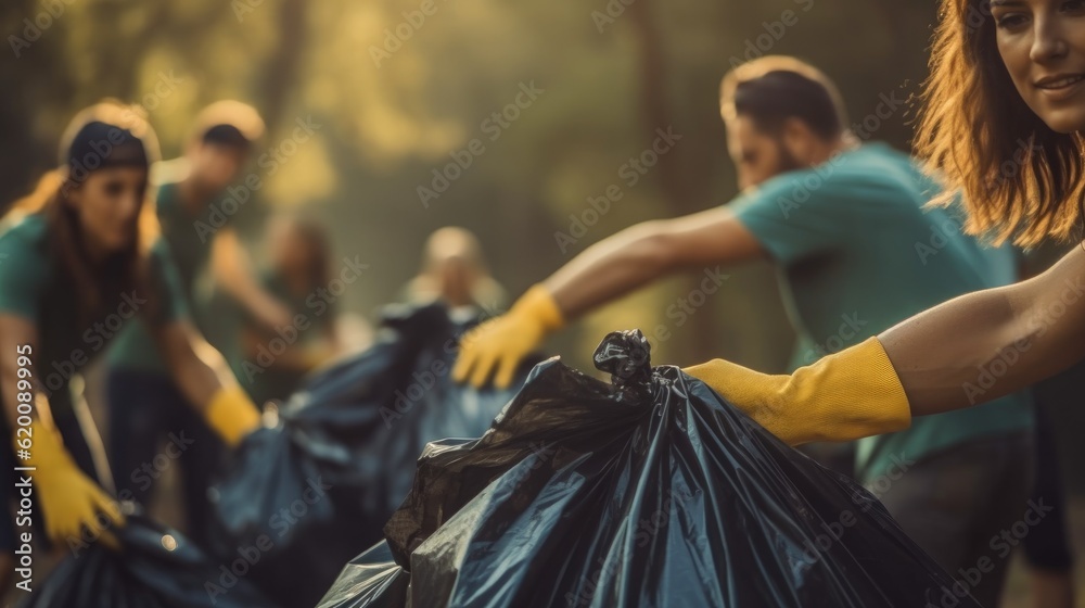 Social volunteers taking plastic trash and putting it to bin bag, Concept of care about nature.