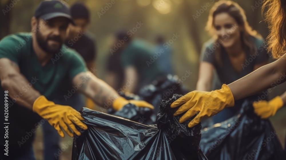 Social volunteers taking plastic trash and putting it to bin bag, Concept of care about nature.