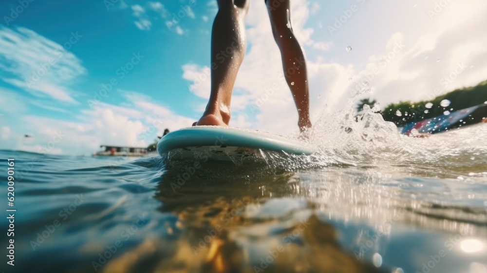 Close up athletic legs of young woman who active rides wave on surf style wakeboard, Many water drop