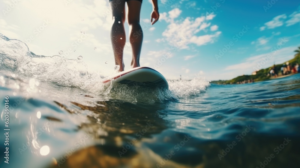 Close up athletic legs of young woman who active rides wave on surf style wakeboard, Many water drop