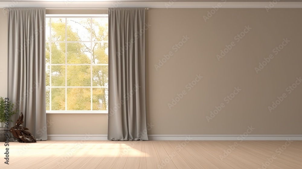 Empty room with blank cream white wall, black blackout curtain window, Luxury interior design, decor