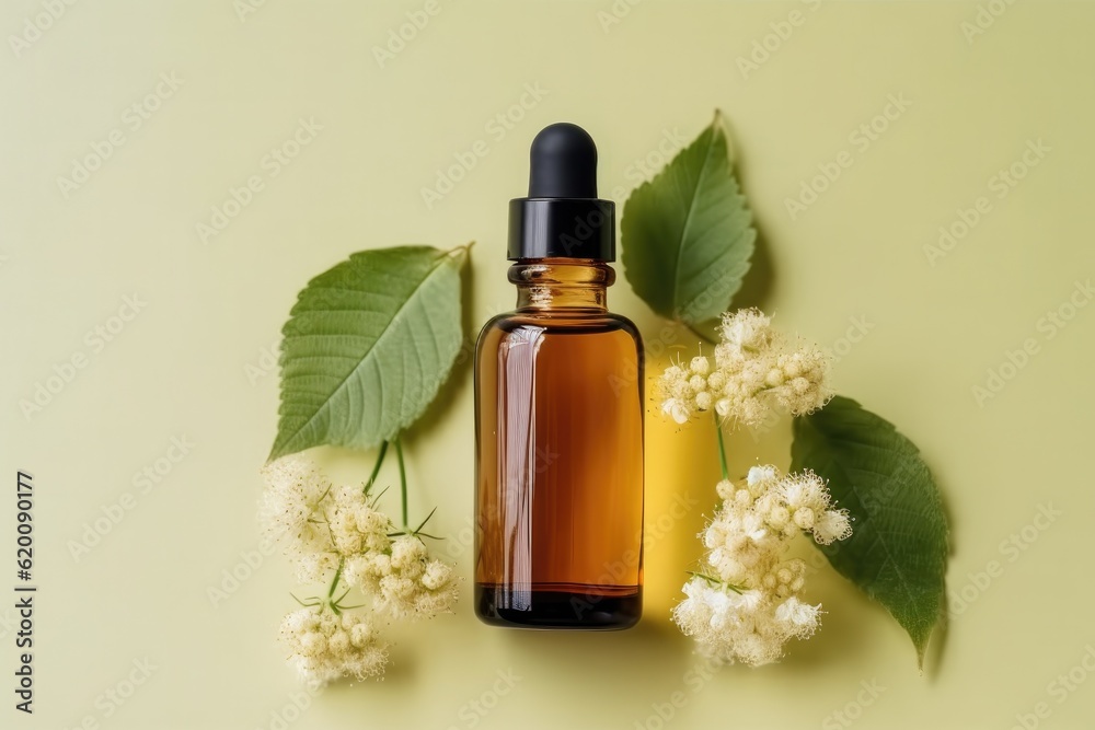 Bottle of essential oil and fresh linden flowers on color background, Alternative healing.