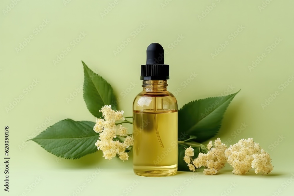 Bottle of essential oil and fresh linden flowers on color background, Alternative healing.