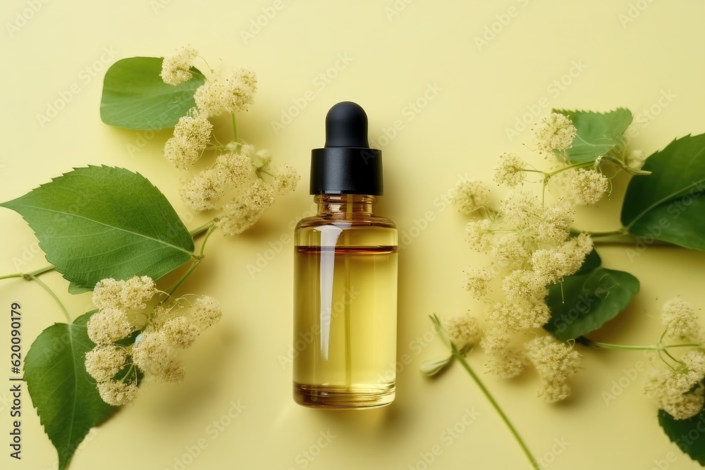 Bottle of essential oil and fresh linden flowers on color background, Alternative healing.