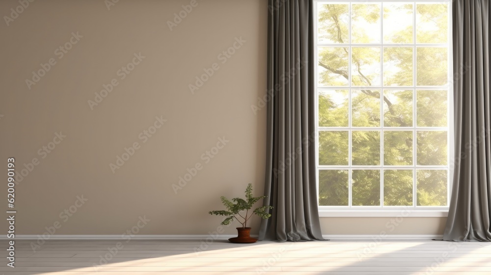 Empty room with blank cream white wall, black blackout curtain window, Luxury interior design, decor