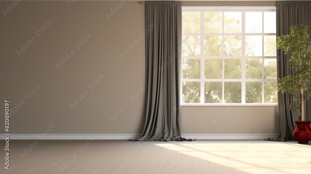 Empty room with blank cream white wall, black blackout curtain window, Luxury interior design, decor