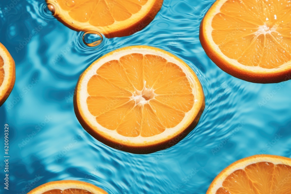 Refreshment concept, Healthy drink theme, sliced orange in transparent pool water.