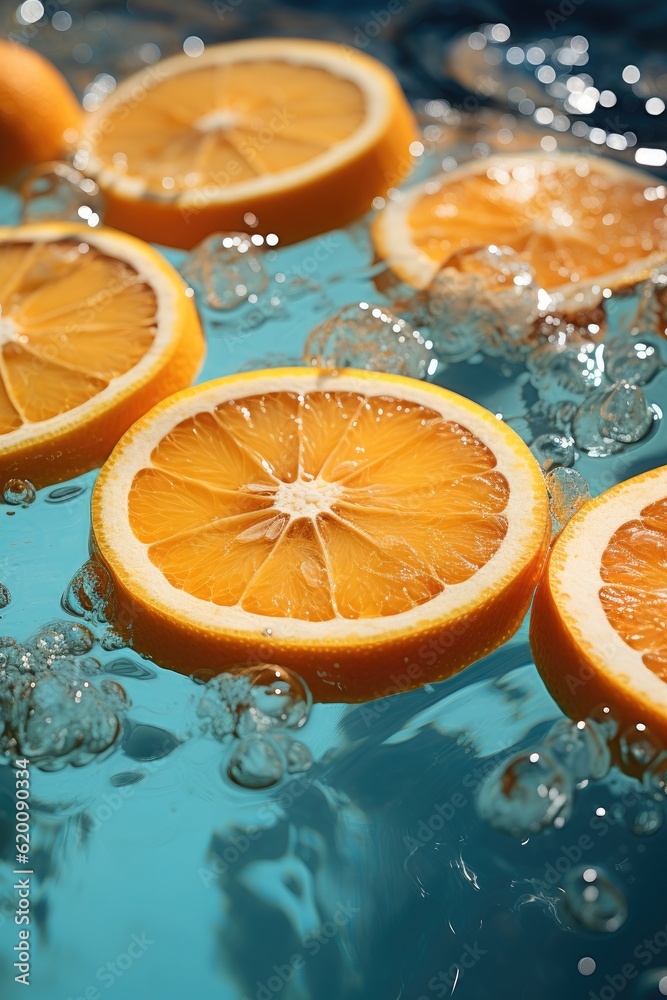 Sliced orange in transparent pool water, Creative summer composition, Refreshment concept, Healthy d