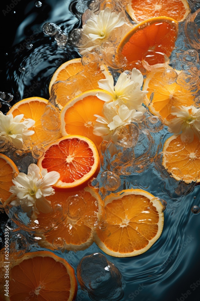 Refreshment concept, Healthy drink theme, sliced orange in transparent pool water.