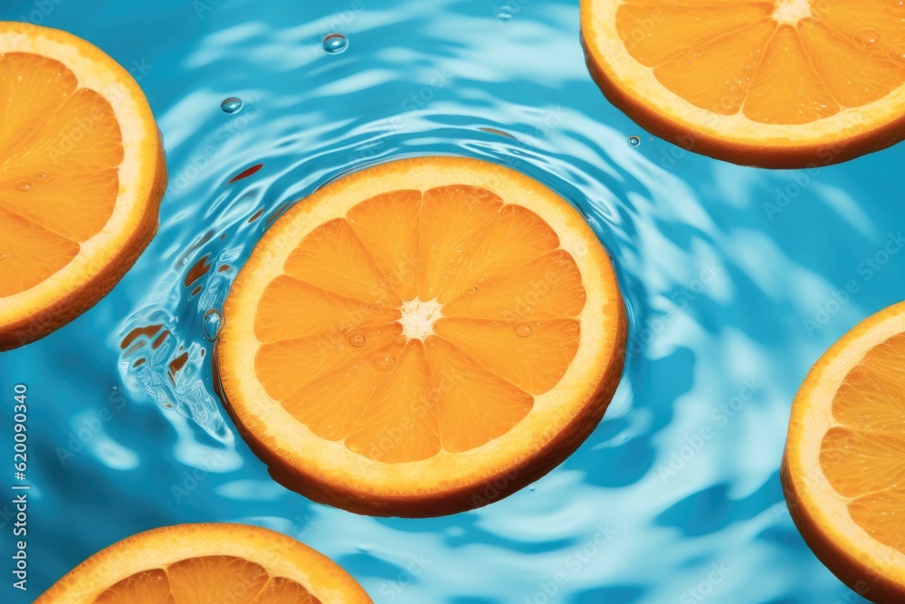 Refreshment concept, Healthy drink theme, sliced orange in transparent pool water.