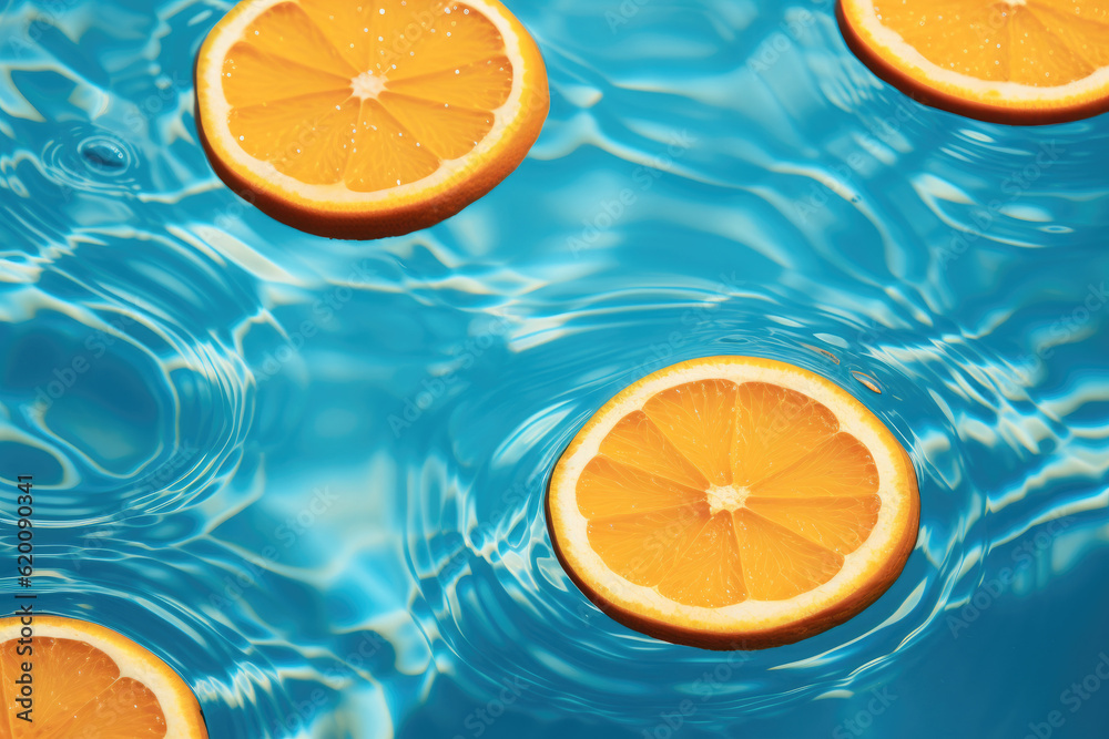 Sliced orange in transparent pool water, Creative summer composition, Refreshment concept, Healthy d