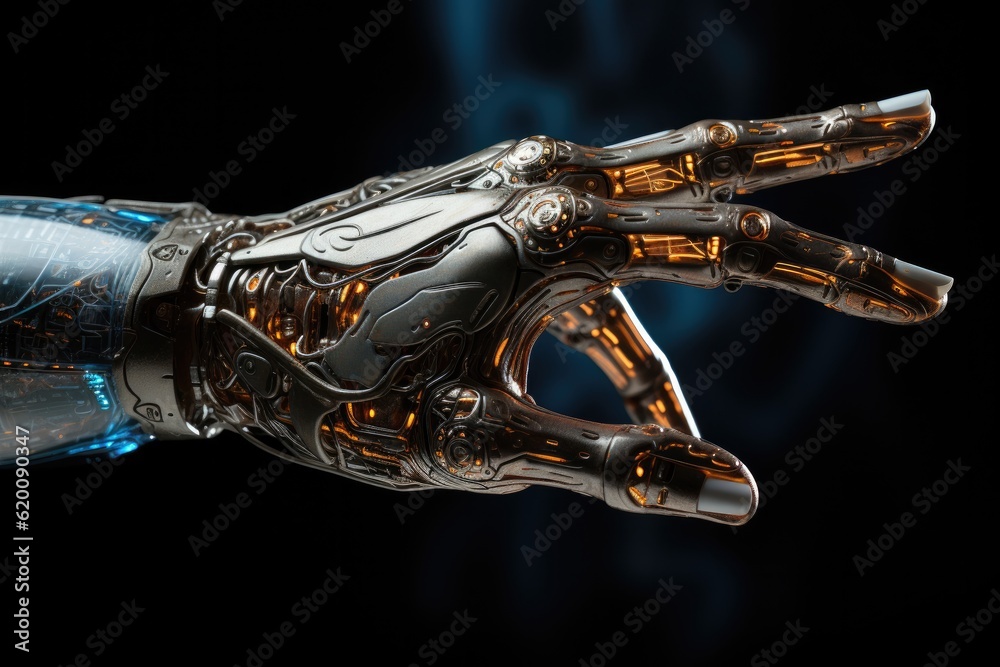 Cyborg hand pointing, Robotic pointing arm on black background.