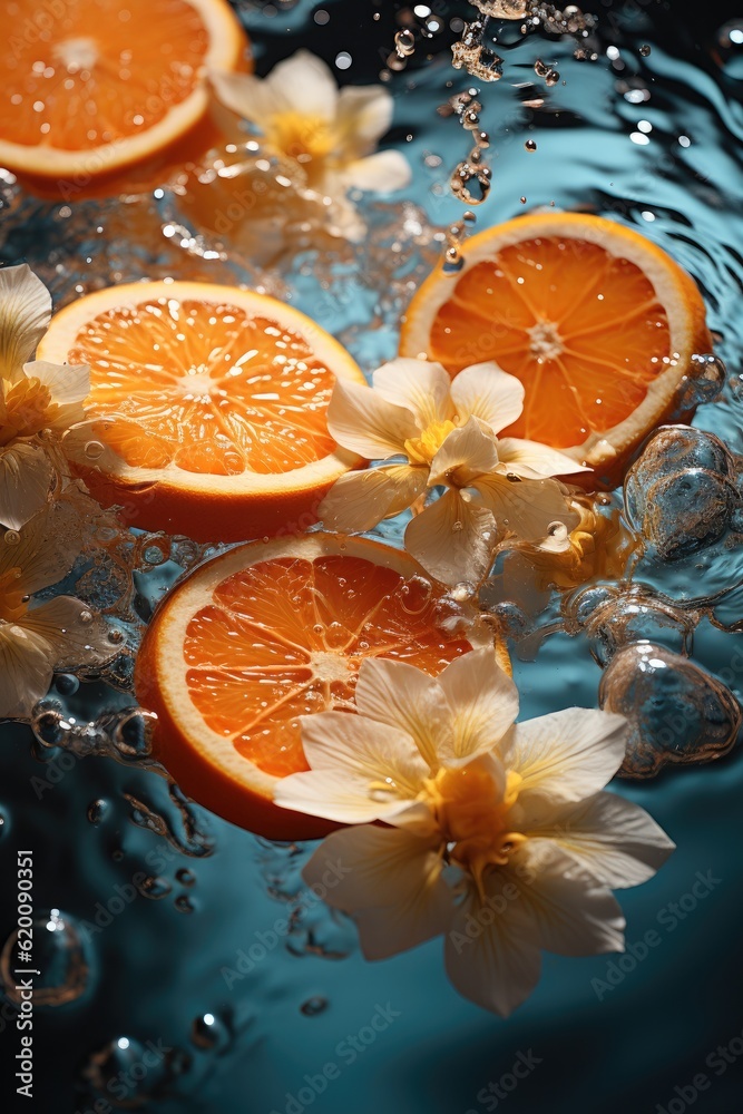 Sliced orange in transparent pool water, Creative summer composition, Refreshment concept, Healthy d