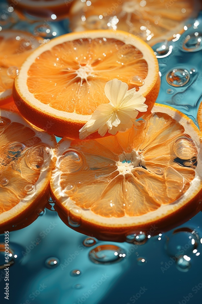 Refreshment concept, Healthy drink theme, sliced orange in transparent pool water.